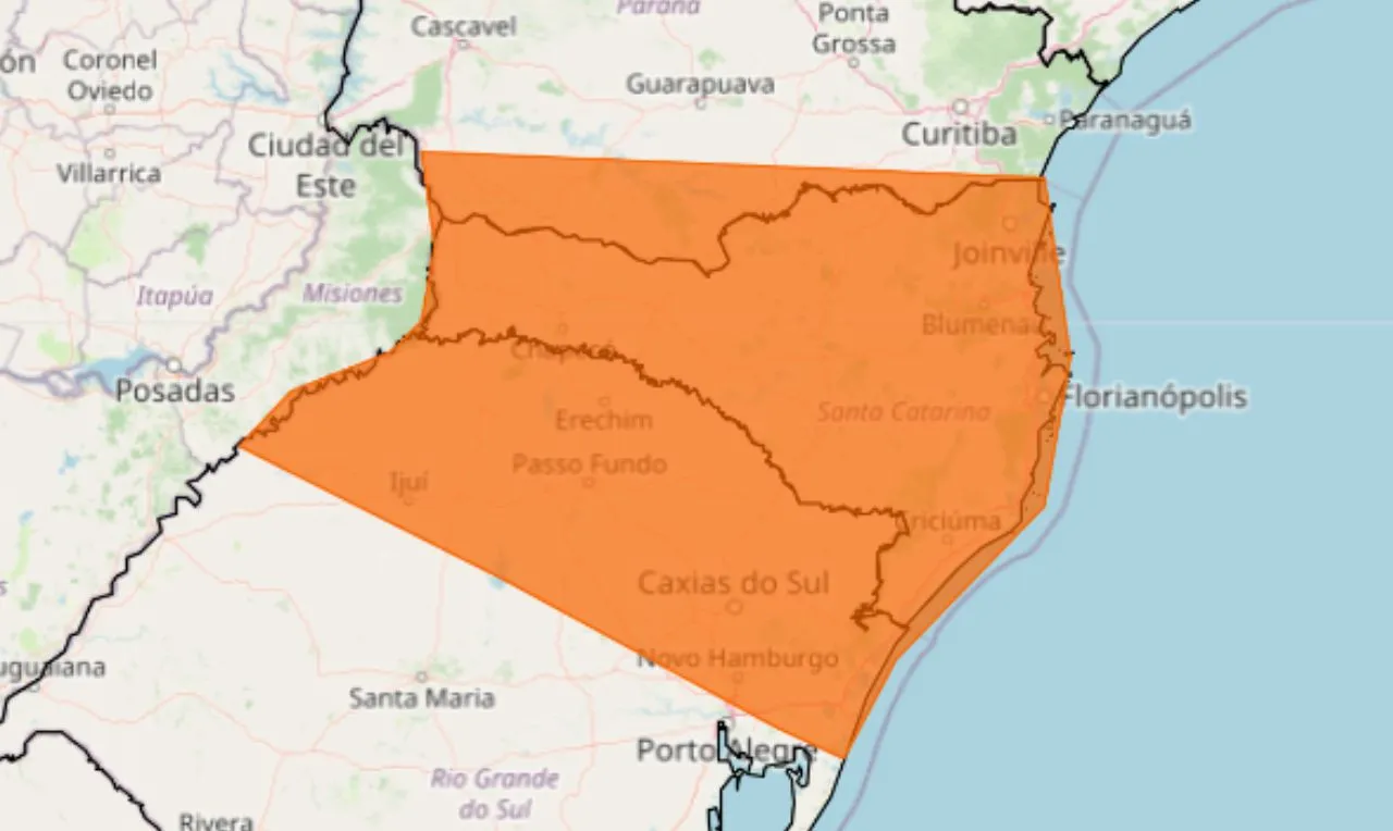 A imagem mostra &agrave;s &aacute;reas em alerta para chuva intensa e ventos